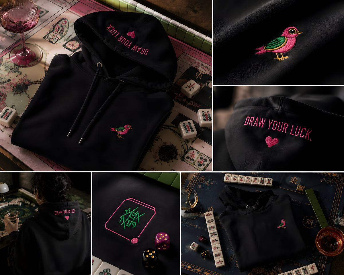 The First Draw — black hoodie mahjong mat