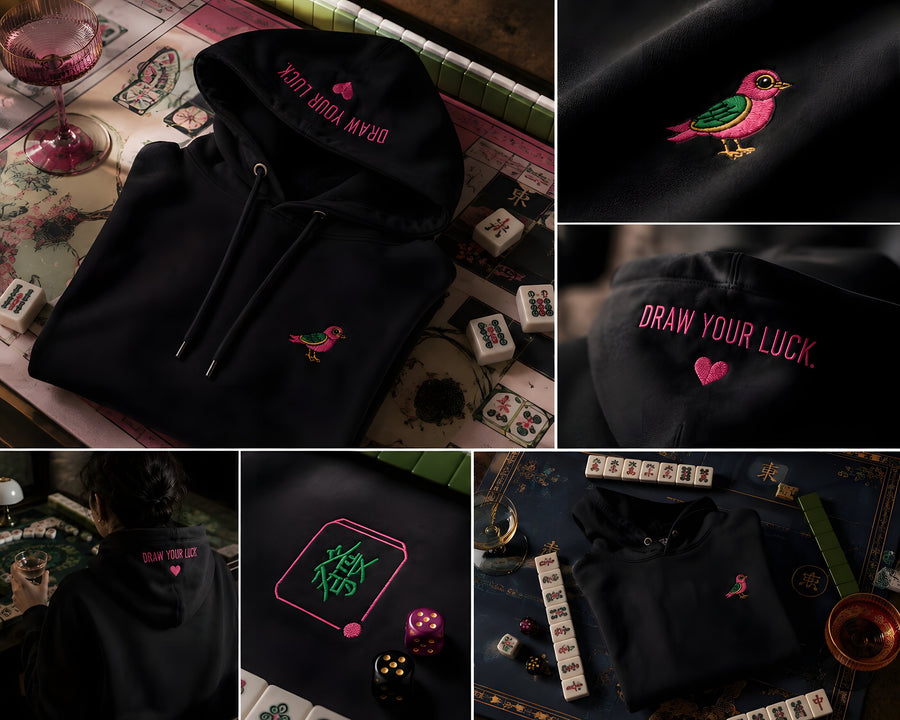 The First Draw — black hoodie mahjong mat