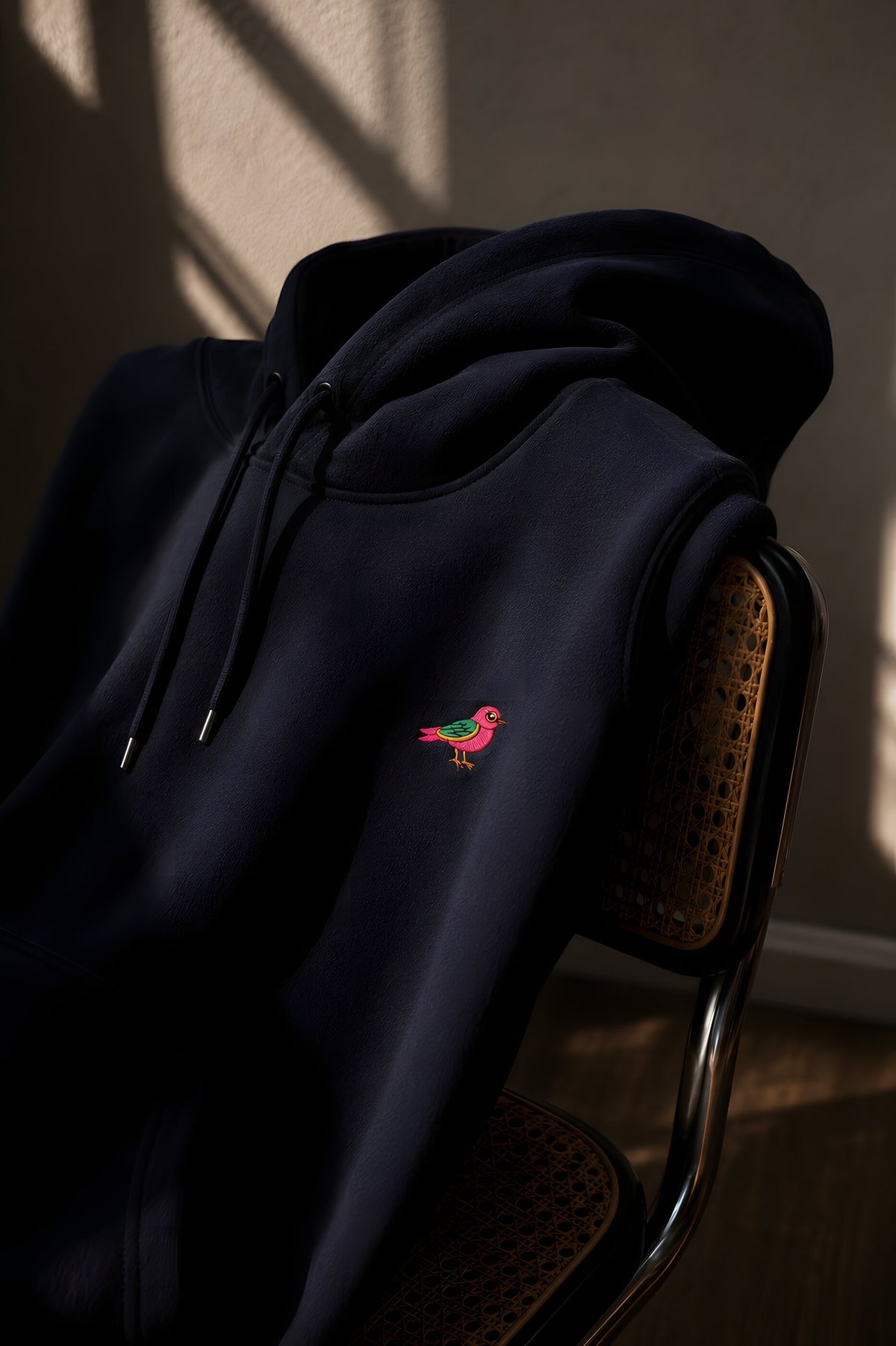 The First Draw — navy on chair